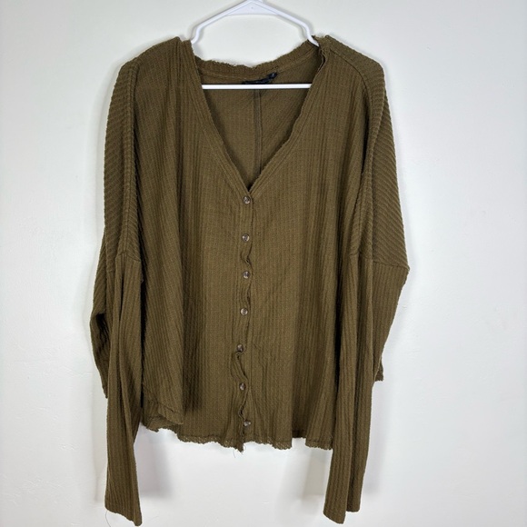 Urban Outfitters Tops - Out From Under Urban Outfitters Olive Green Button-Up Waffle Knit Top Large